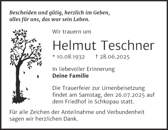 Traueranzeige von Helmut Teschner von Trauerkombi Merseburg
