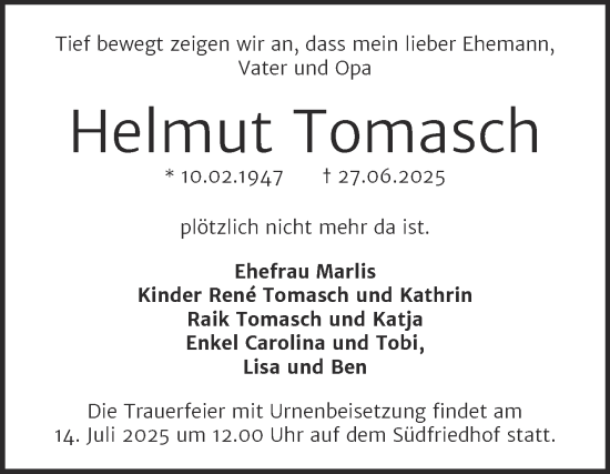 Traueranzeige von Helmut Tomasch von Mitteldeutsche Zeitung Halle/Saalkreis