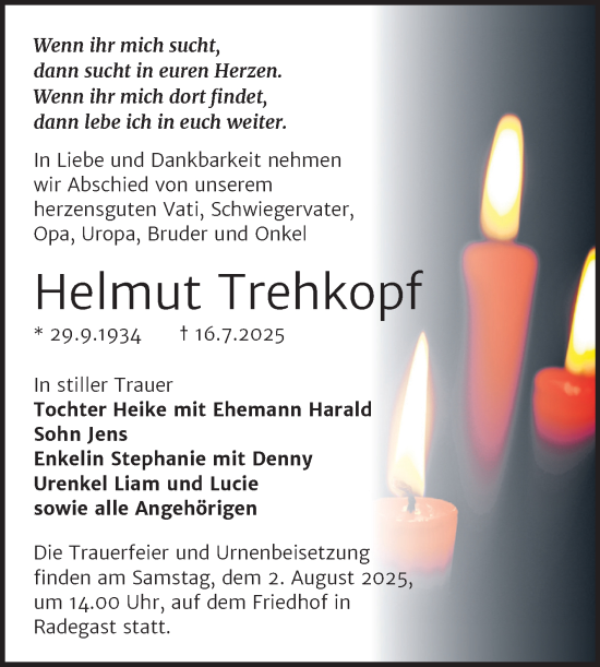 Traueranzeige von Helmut Trehkopf von Trauerkombi Köthen