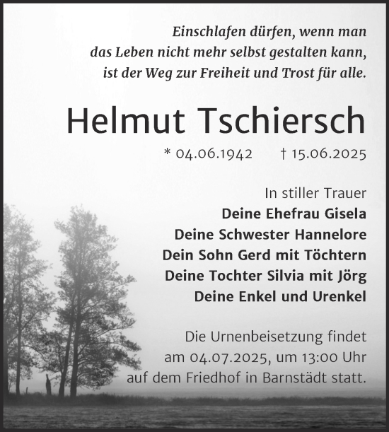 Traueranzeige von Helmut Tschiersch von Mitteldeutsche Zeitung Merseburg/Querfurt