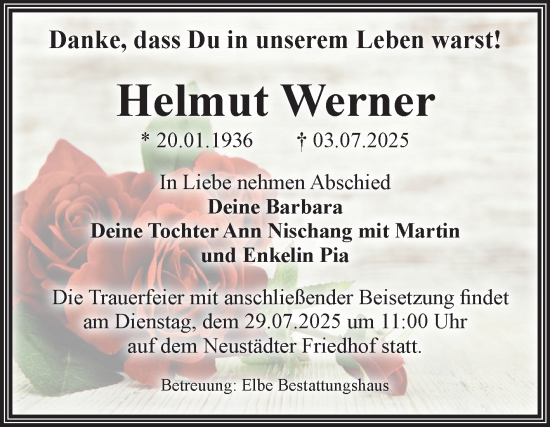 Traueranzeige von Helmut Werner von Volksstimme Magdeburg