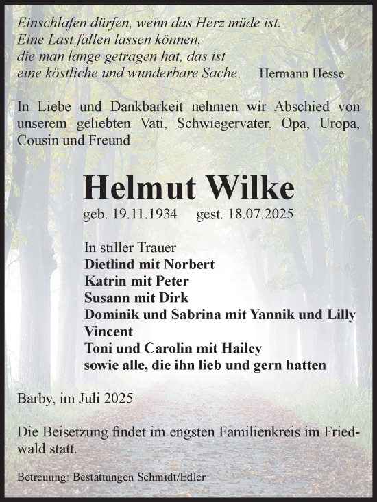 Traueranzeige von Helmut Wilke von Volksstimme Schönebeck