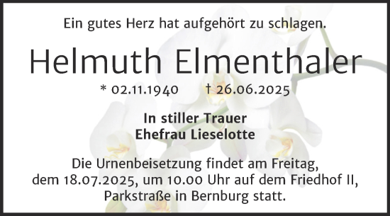 Traueranzeige von Helmuth Elmenthaler von Trauerkombi Bernburg