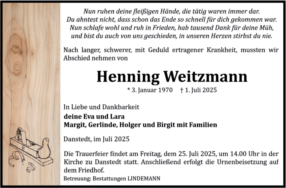  Traueranzeige für Henning Weitzmann vom 12.07.2025 aus Volksstimme Halberstadt