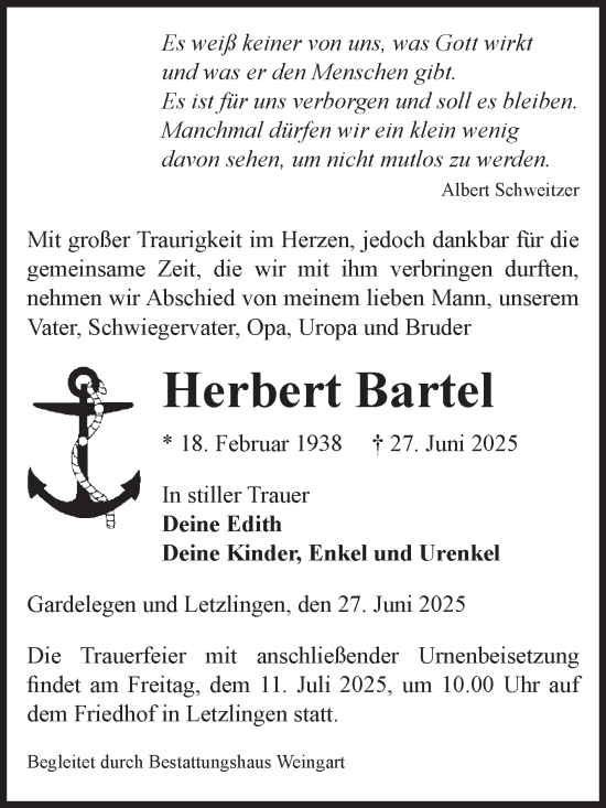 Traueranzeige von Herbert Bartel von Volksstimme Altmark West