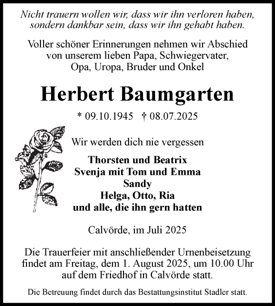 Traueranzeige von Herbert Baumgarten von Volksstimme Haldensleben/Wolmirstedt