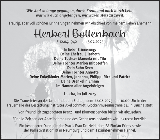 Traueranzeige von Herbert Bollenbach von Super Sonntag Naumburg/Nebra