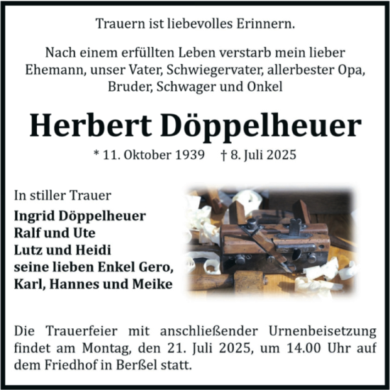 Traueranzeige von Herbert Döppelheuer von Volksstimme Halberstadt