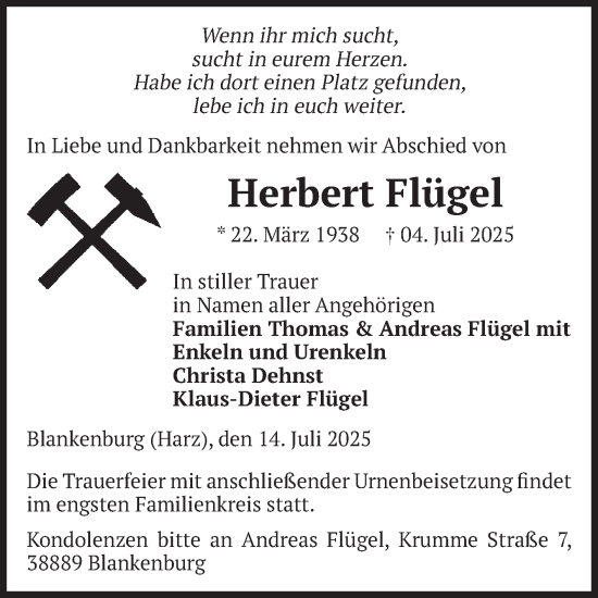 Traueranzeige von Herbert Flügel von Volksstimme Wernigerode