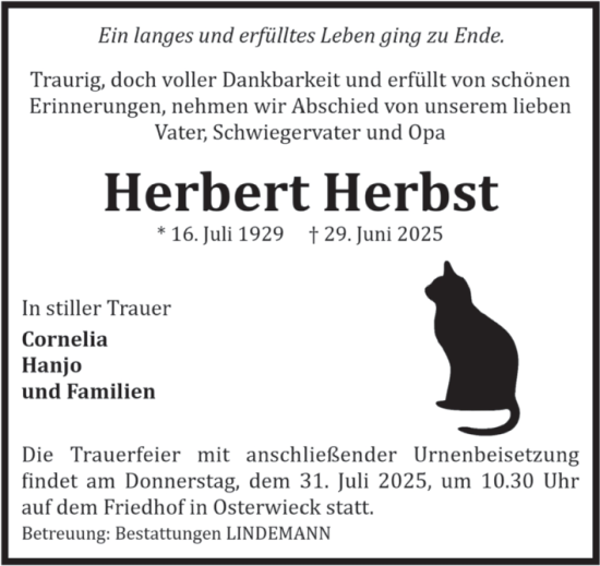 Traueranzeige von Herbert Herbst von Volksstimme Halberstadt