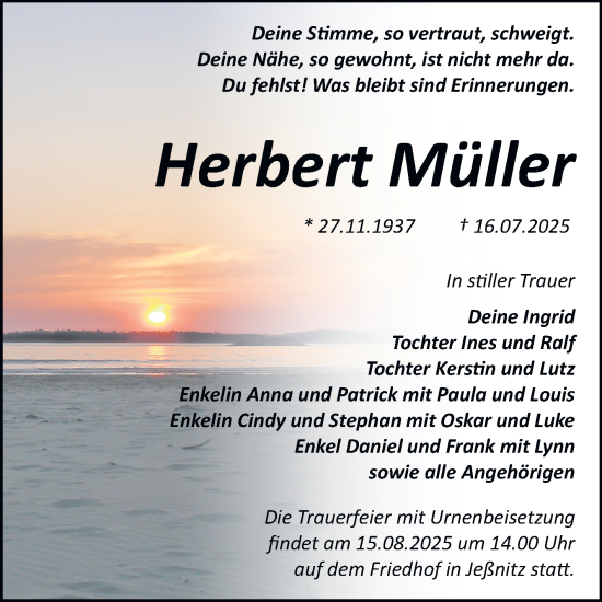 Traueranzeige von Herbert Müller von Trauerkombi Bitterfeld