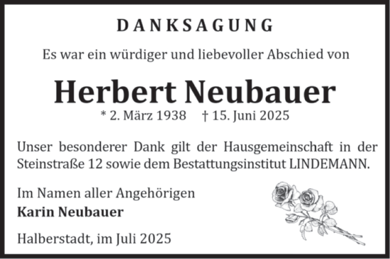 Traueranzeige von Herbert Neubauer von Volksstimme Halberstadt