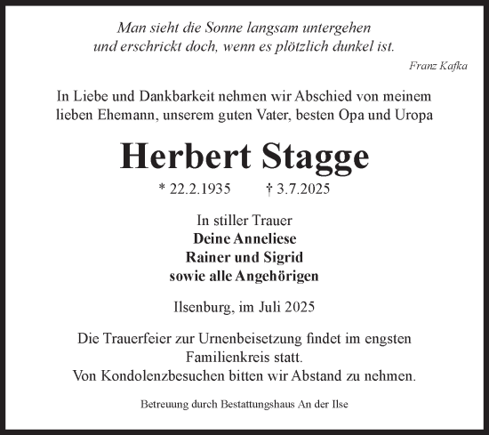 Traueranzeige von Herbert Stagge von Volksstimme Wernigerode