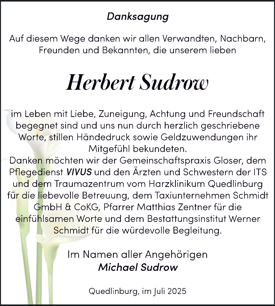  Traueranzeige für Herbert Sudrow vom 19.07.2025 aus Trauerkombi Quedlinburg