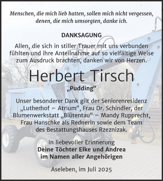 Traueranzeige von Herbert Tirsch von Trauerkombi Mansfelder Land