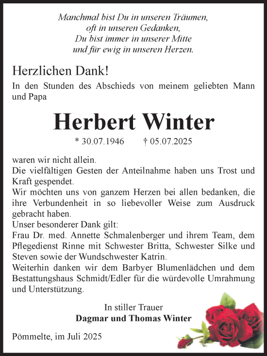 Traueranzeige von Herbert Winter von Volksstimme Schönebeck
