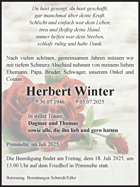 Traueranzeige von Herbert Winter von Volksstimme Schönebeck