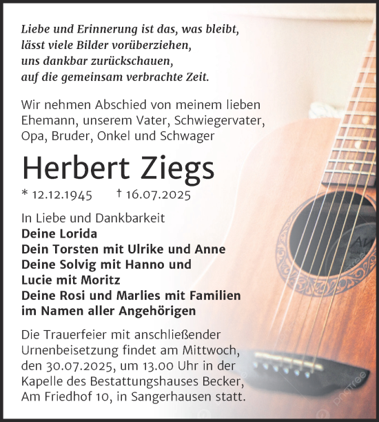 Traueranzeige von Herbert Ziegs von Trauerkombi Sangerhausen
