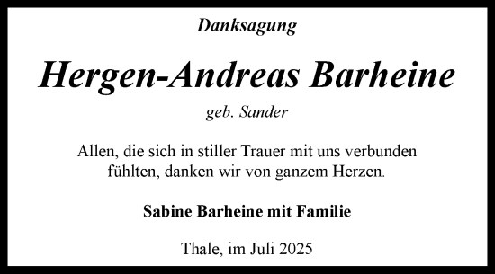 Traueranzeige von Hergen-Andreas Barheine von Trauerkombi Quedlinburg