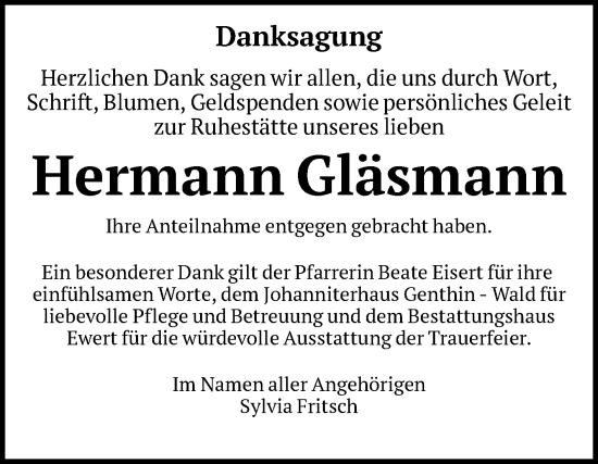 Traueranzeige von Hermann Gläsmann von Volksstimme Burg/Genthin