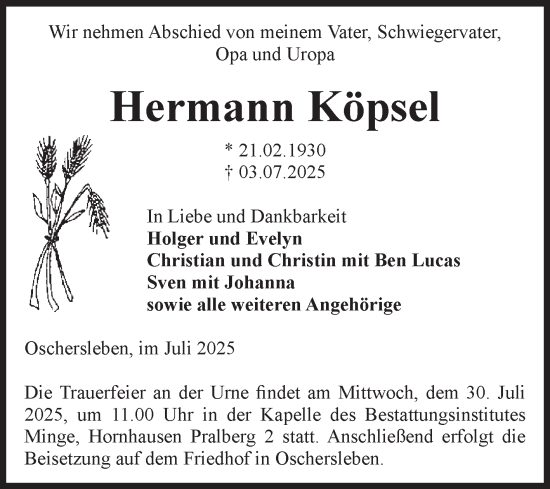Traueranzeige von Hermann Köpsel von Volksstimme Oschersleben/Wanzleben