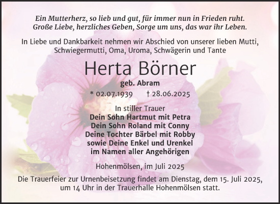 Traueranzeige von Herta Börner von Trauerkombi Weißenfels