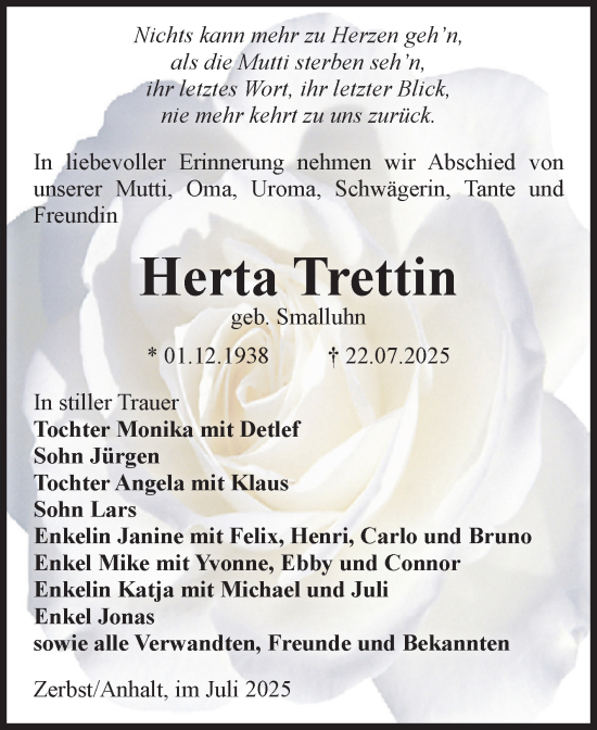 Traueranzeige von Herta Trettin von Volksstimme Zerbst