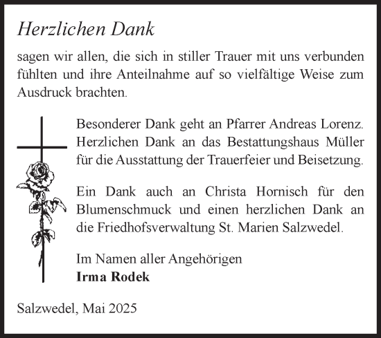 Traueranzeige von Herzlichen Dank  von Volksstimme Altmark West