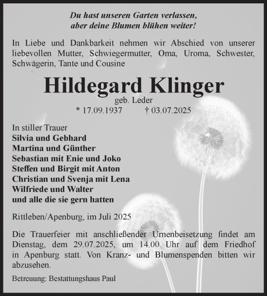 Traueranzeige von Hildegard Klinger von Volksstimme Altmark West