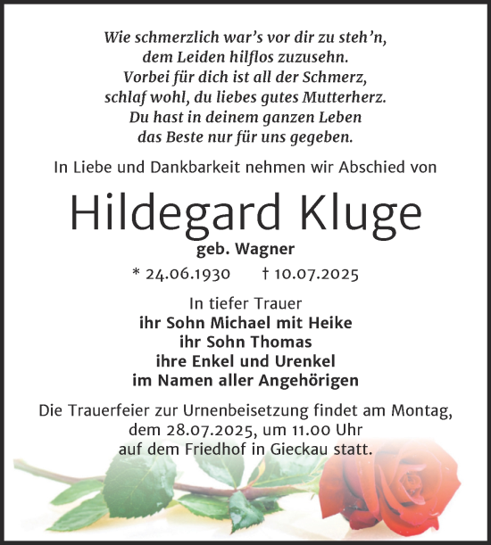 Traueranzeige von Hildegard Kluge von Super Sonntag Naumburg/Nebra
