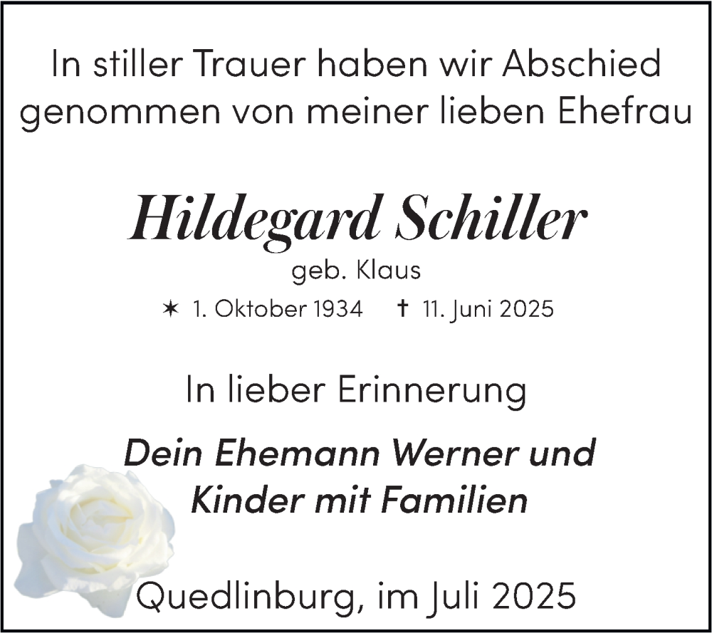  Traueranzeige für Hildegard Schiller vom 05.07.2025 aus Trauerkombi Quedlinburg