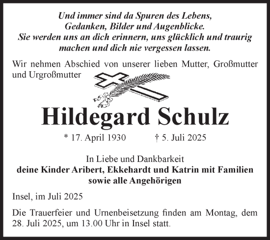 Traueranzeige von Hildegard Schulz von Volksstimme Altmark Ost