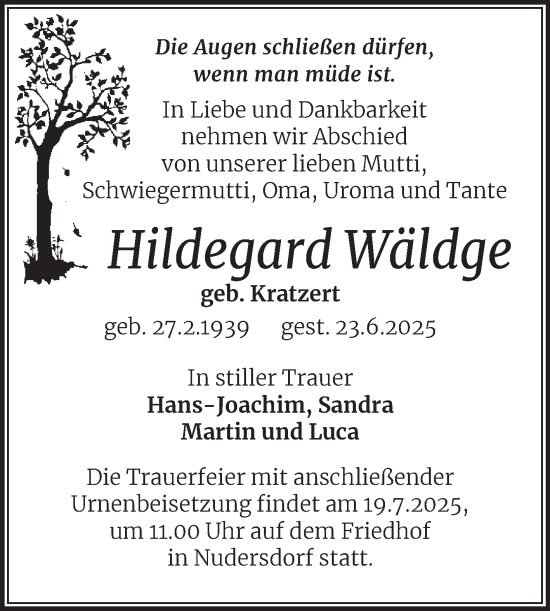 Traueranzeige von Hildegard Wäldge von Trauerkombi Wittenberg