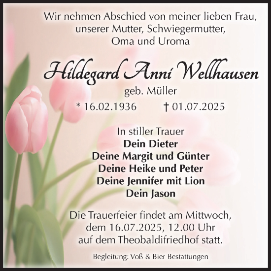 Traueranzeige von Hildegard Anni Wellhausen von Volksstimme Wernigerode
