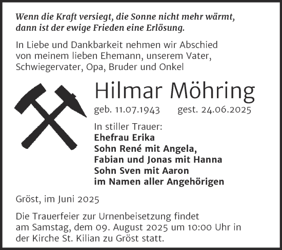 Traueranzeige von Hilmar Möhring von Trauerkombi Merseburg