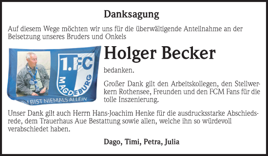 Traueranzeige von Holger Becker von Volksstimme Magdeburg