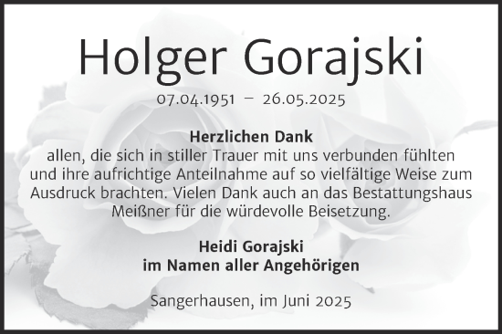 Traueranzeige von Holger Gorajski von Super Sonntag Sangerhausen