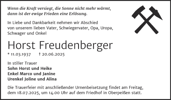 Traueranzeige von Horst Freudenberger von Trauerkombi Bernburg