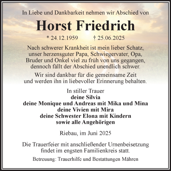 Traueranzeige von Horst Friedrich von Volksstimme Altmark West
