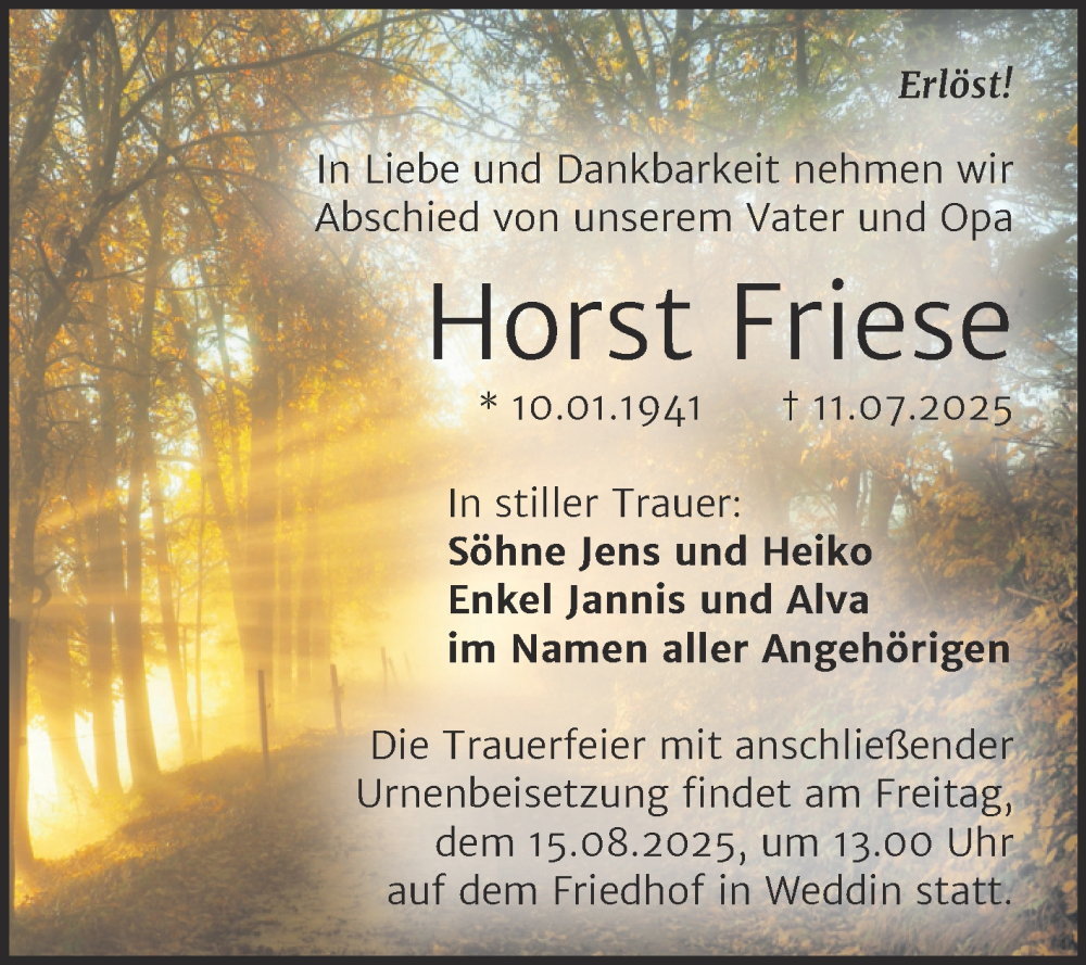  Traueranzeige für Horst Friese vom 26.07.2025 aus Trauerkombi Wittenberg