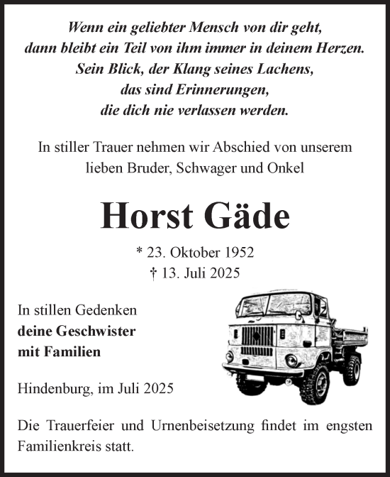 Traueranzeige von Horst Gäde von Volksstimme Altmark Ost