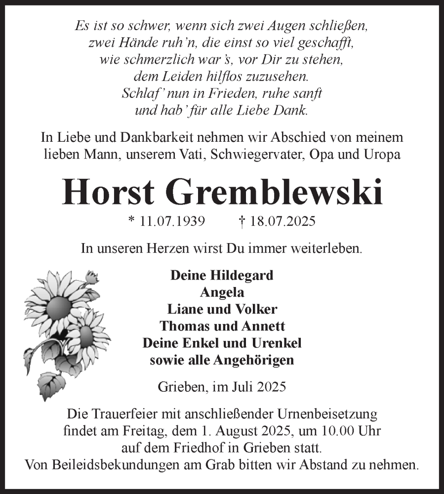  Traueranzeige für Horst Gremblewski vom 26.07.2025 aus Volksstimme Altmark Ost