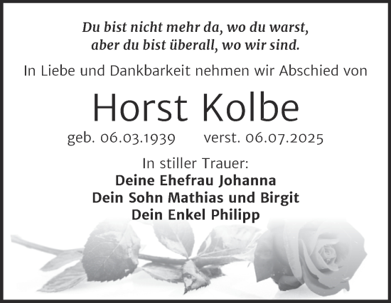 Traueranzeige von Horst Kolbe von Trauerkombi Weißenfels