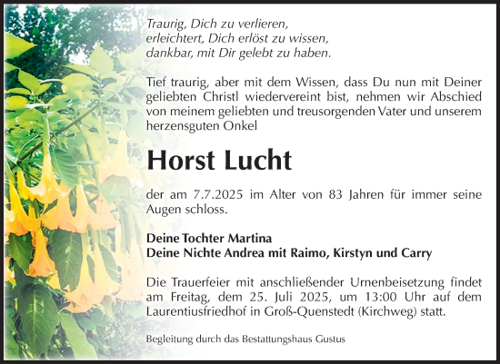 Traueranzeige von Horst Lucht von Volksstimme Halberstadt