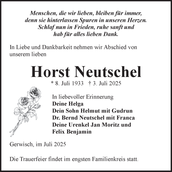 Traueranzeige von Horst Neutschel von Volksstimme Burg/Genthin
