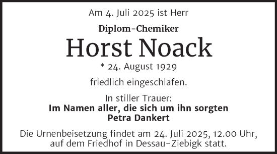 Traueranzeige von Horst Noack von Trauerkombi Dessau