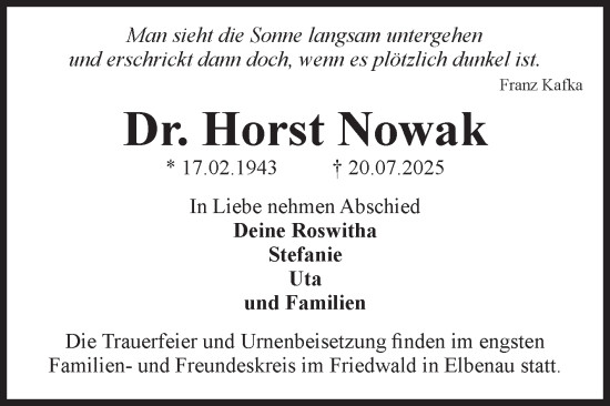 Traueranzeige von Horst Nowak von Volksstimme Schönebeck