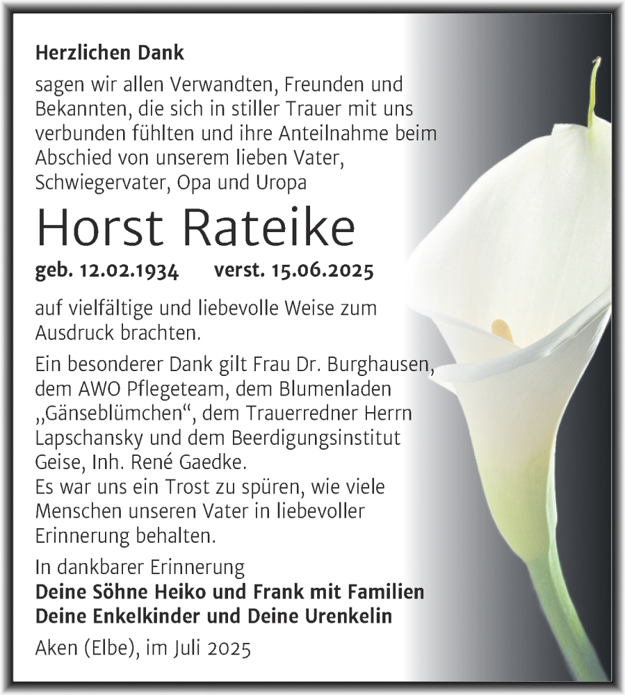  Traueranzeige für Horst Rateike vom 12.07.2025 aus Trauerkombi Köthen