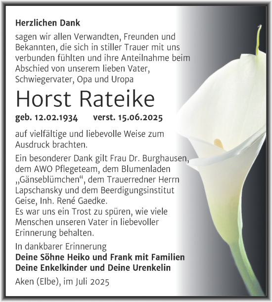 Traueranzeige von Horst Rateike von Trauerkombi Köthen