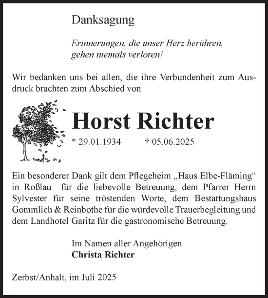 Traueranzeige von Horst Richter von Volksstimme Zerbst